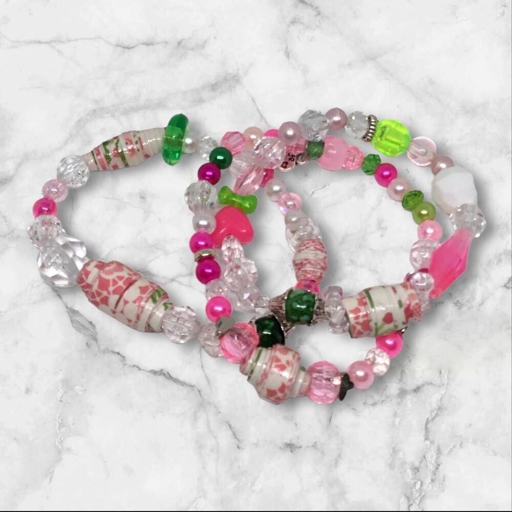 Rose Bud Southern Charm Pink and Green Stretch Bracelet Set